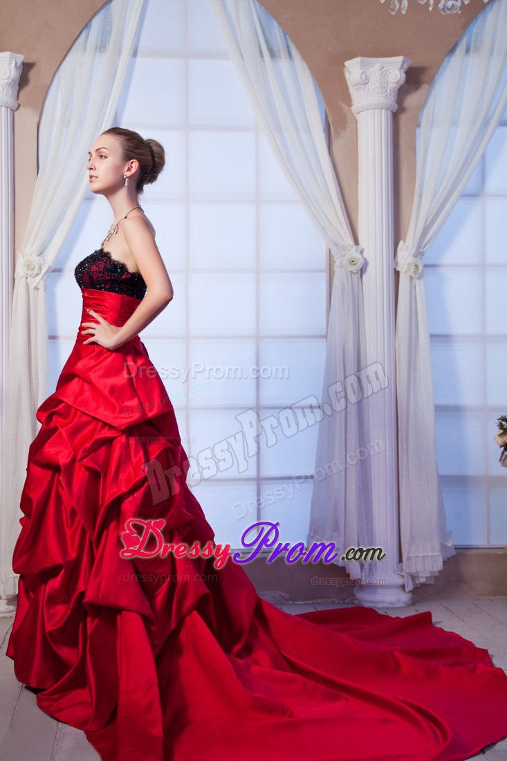 Lace Beading Red Taffeta Prom Graduation Dress with Chapel Train