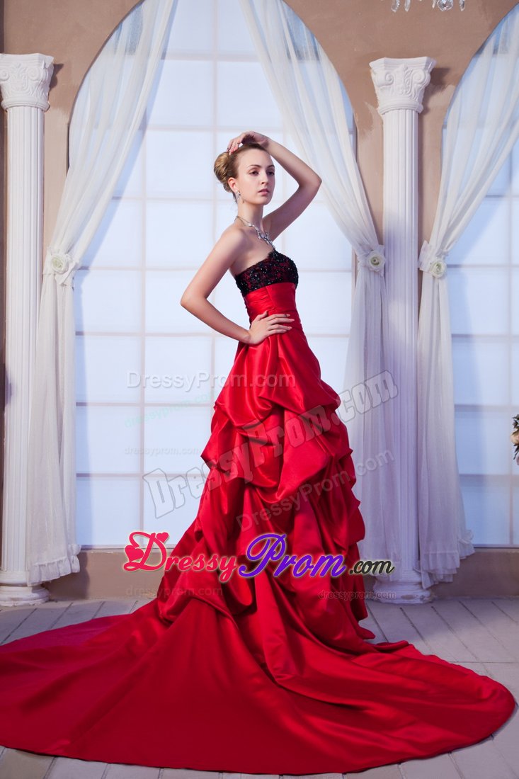 Lace Beading Red Taffeta Prom Graduation Dress with Chapel Train