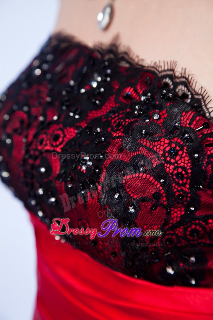 Lace Beading Red Taffeta Prom Graduation Dress with Chapel Train