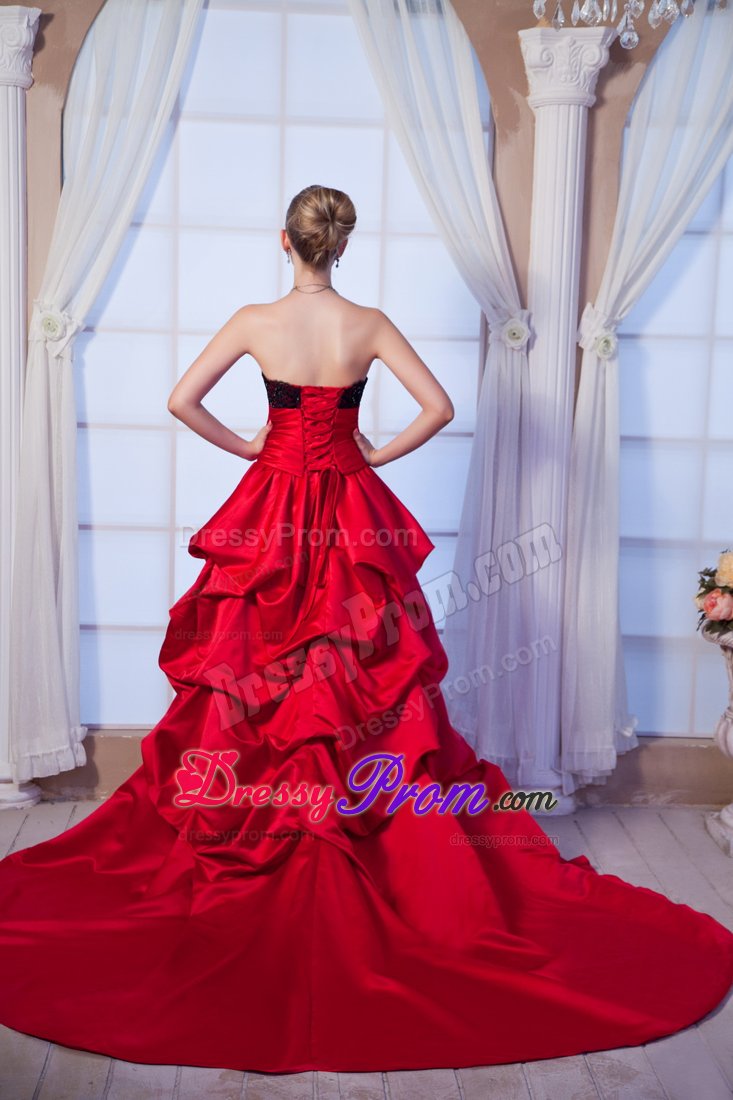 Lace Beading Red Taffeta Prom Graduation Dress with Chapel Train