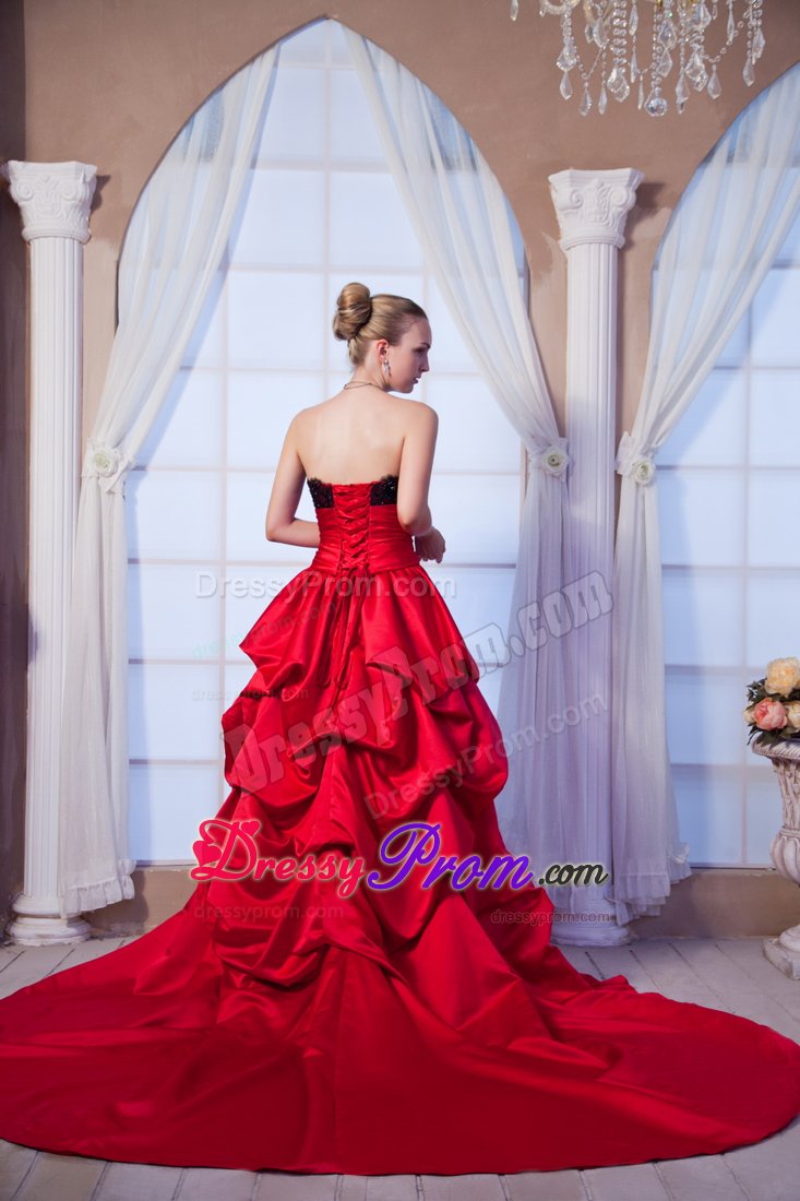 Lace Beading Red Taffeta Prom Graduation Dress with Chapel Train