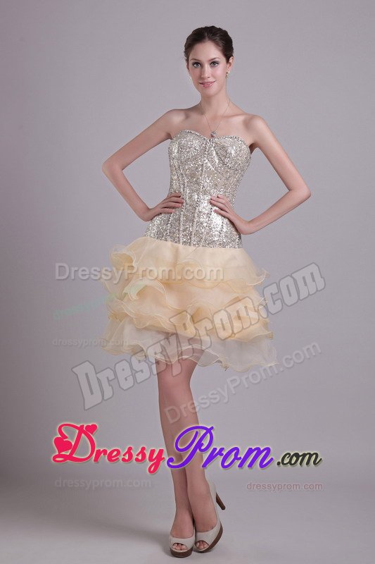 Sequined Ruffled Champagne Corset Back Short Cocktail Prom Dresses