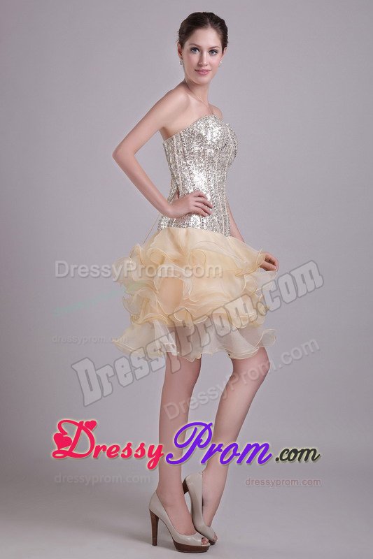 Sequined Ruffled Champagne Corset Back Short Cocktail Prom Dresses