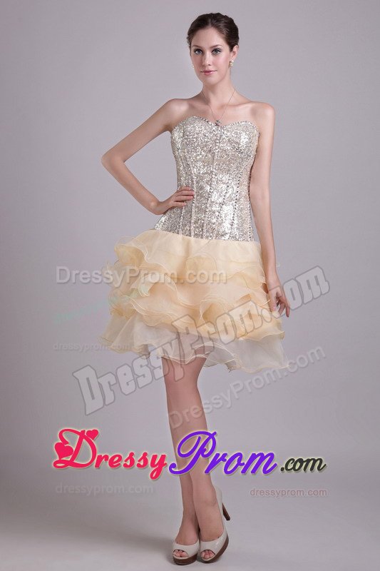 Sequined Ruffled Champagne Corset Back Short Cocktail Prom Dresses