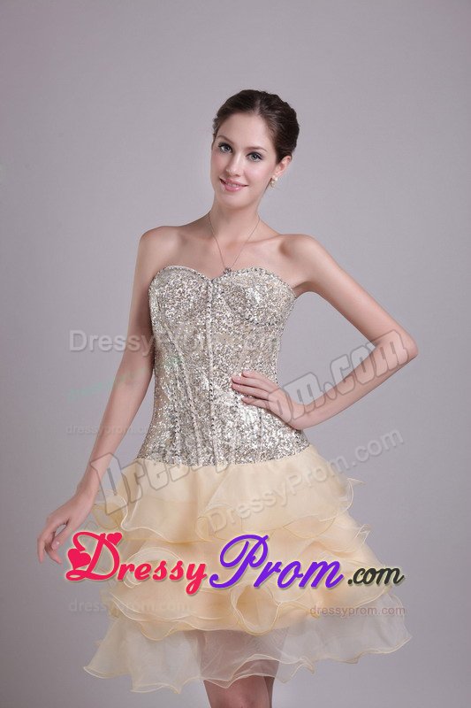 Sequined Ruffled Champagne Corset Back Short Cocktail Prom Dresses