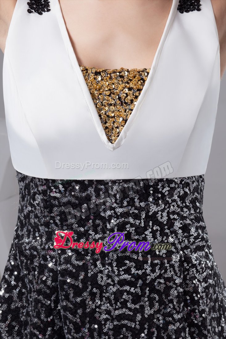 White and Black V-neck Beading Taffeta Short Prom Nightclub Dress