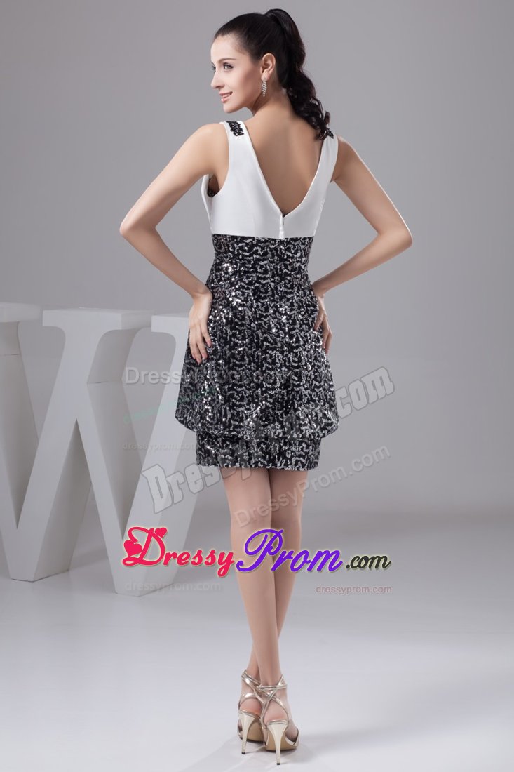White and Black V-neck Beading Taffeta Short Prom Nightclub Dress
