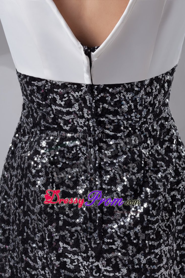 White and Black V-neck Beading Taffeta Short Prom Nightclub Dress