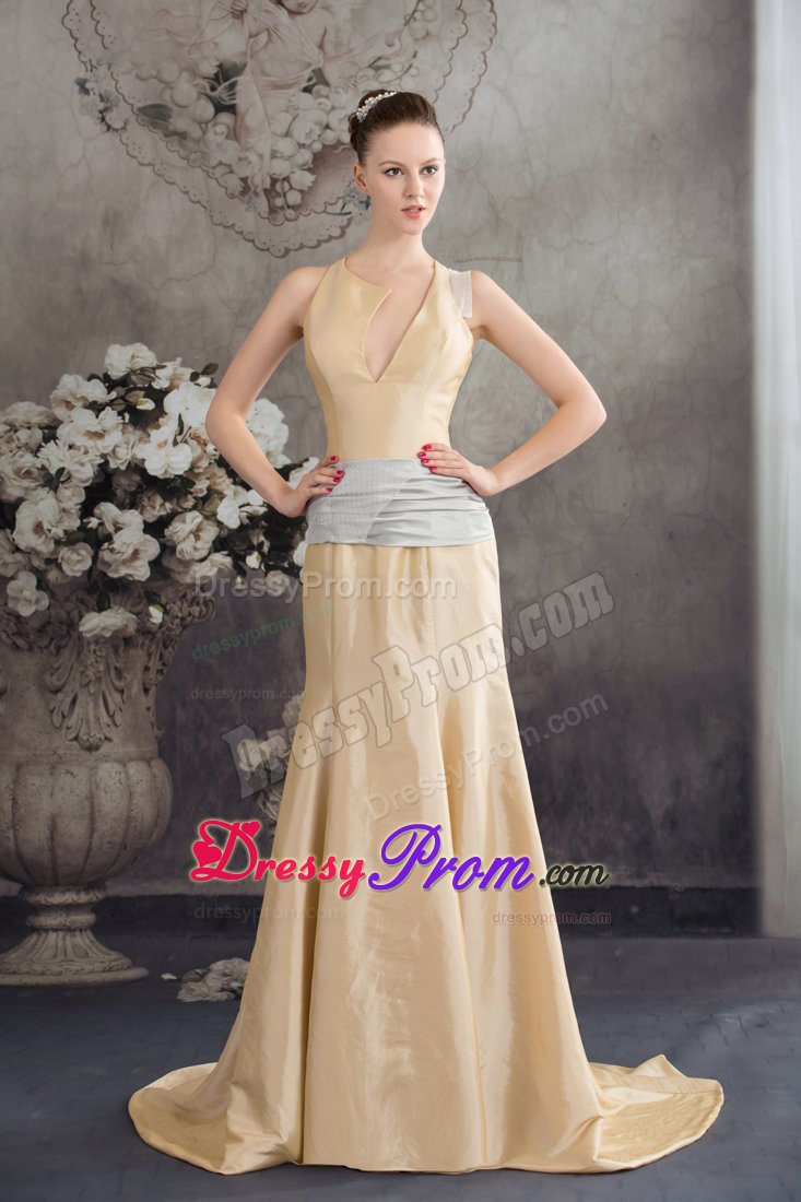 2014 New Champagne Brush Train Prom Dress with Asymmetrical Neck