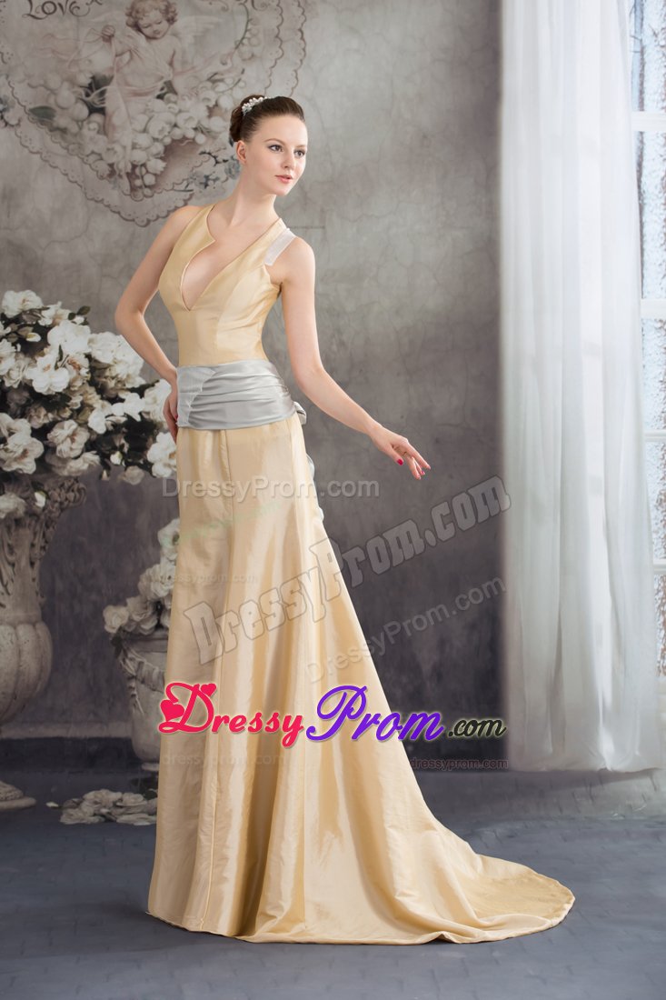 2014 New Champagne Brush Train Prom Dress with Asymmetrical Neck