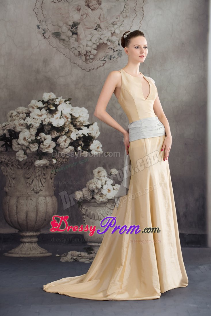 2014 New Champagne Brush Train Prom Dress with Asymmetrical Neck