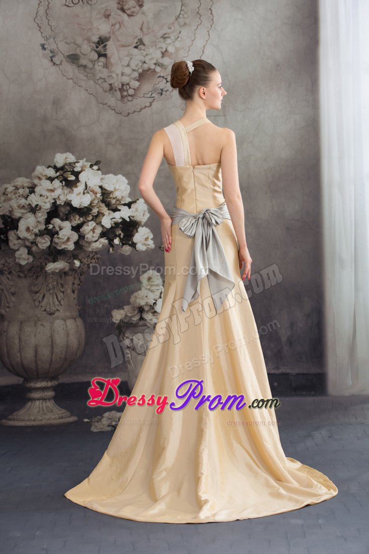 2014 New Champagne Brush Train Prom Dress with Asymmetrical Neck