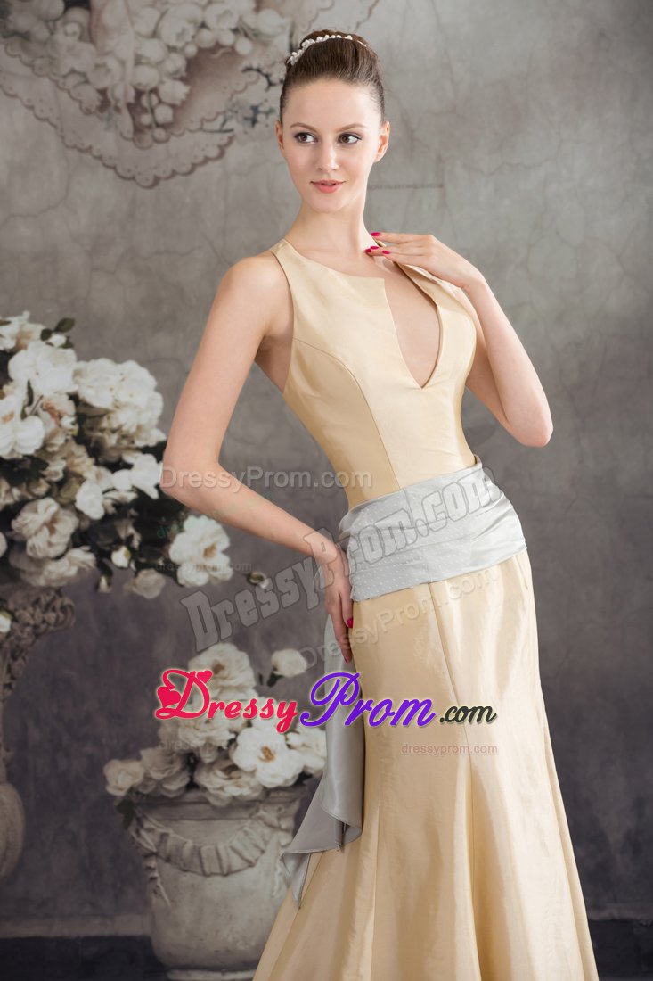 2014 New Champagne Brush Train Prom Dress with Asymmetrical Neck