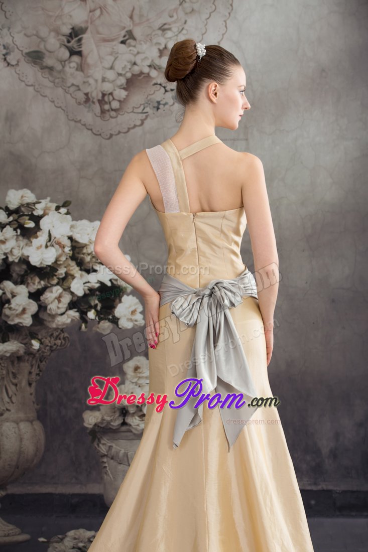 2014 New Champagne Brush Train Prom Dress with Asymmetrical Neck