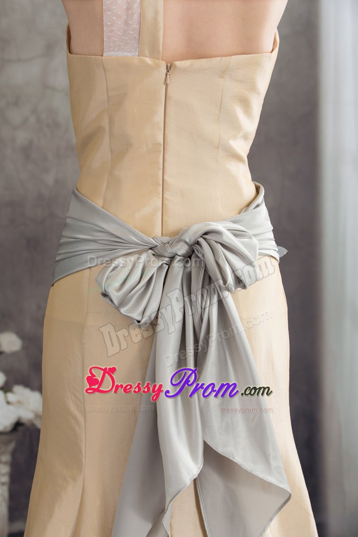 2014 New Champagne Brush Train Prom Dress with Asymmetrical Neck
