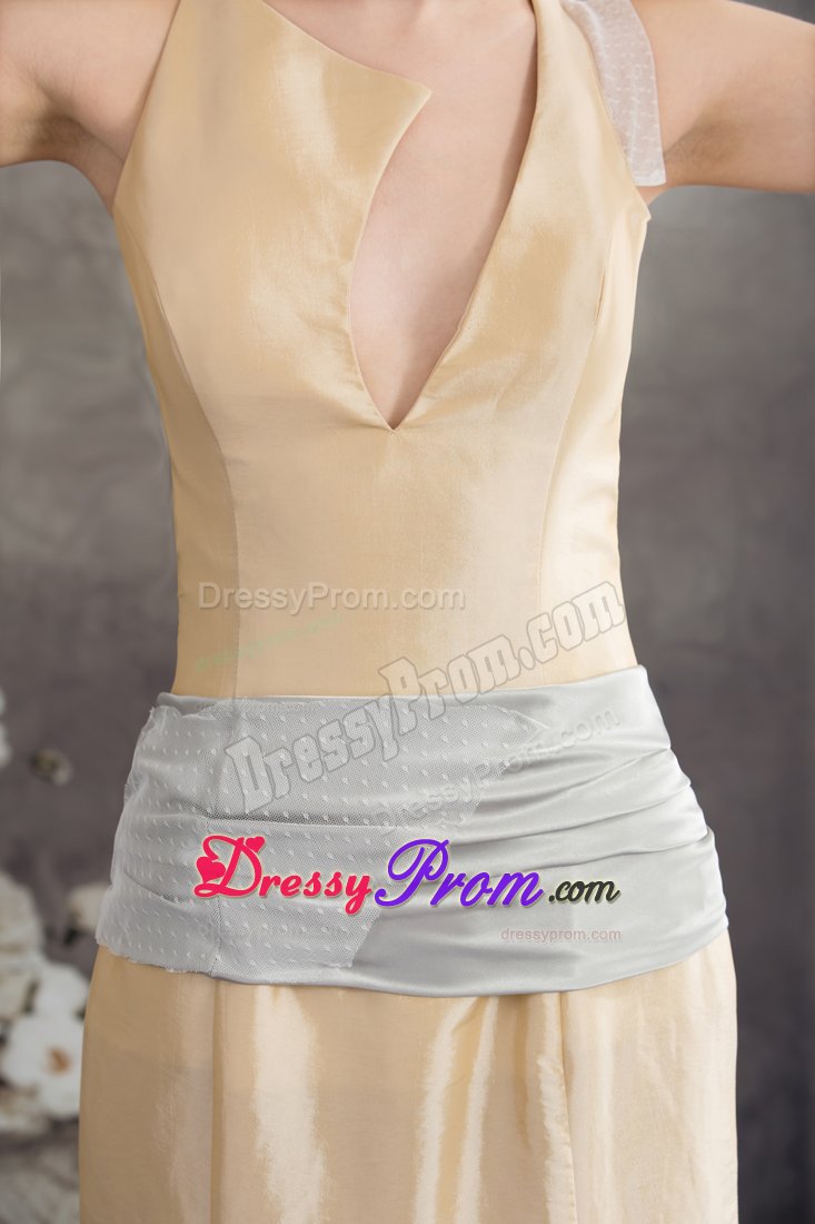 2014 New Champagne Brush Train Prom Dress with Asymmetrical Neck