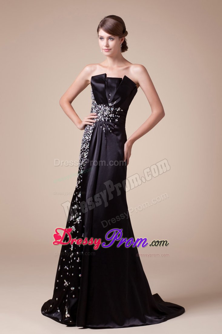Discount Beaded Satin Black Prom Celebrity Dress with Brush Train