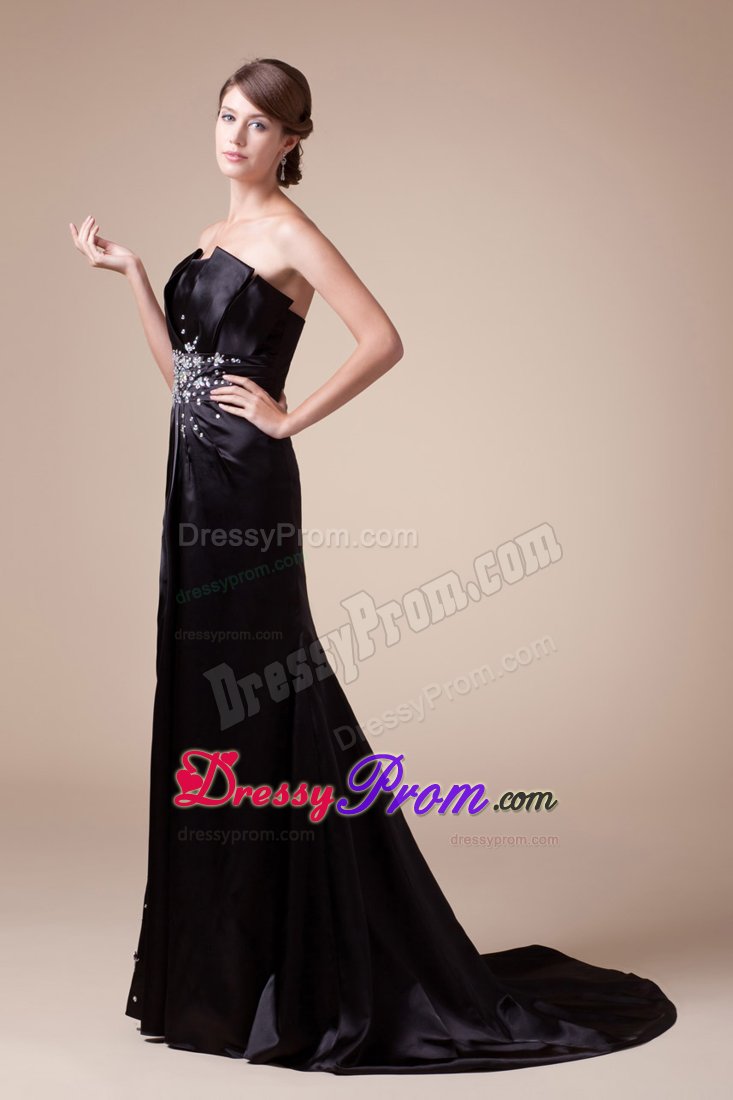 Discount Beaded Satin Black Prom Celebrity Dress with Brush Train