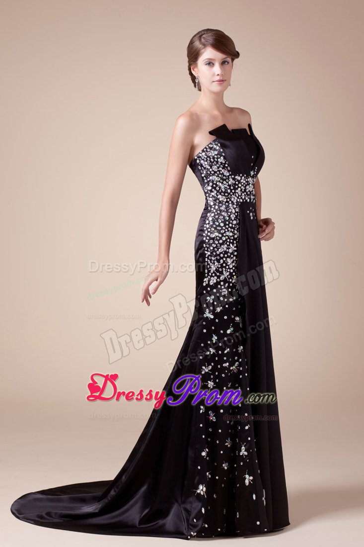 Discount Beaded Satin Black Prom Celebrity Dress with Brush Train