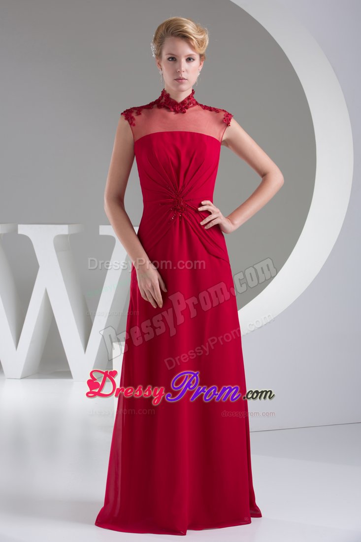 High Neck Wine Red Appliques Chiffon Prom Mother Of Bride Dress