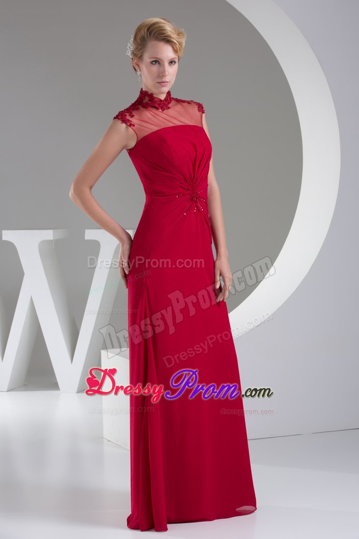 High Neck Wine Red Appliques Chiffon Prom Mother Of Bride Dress