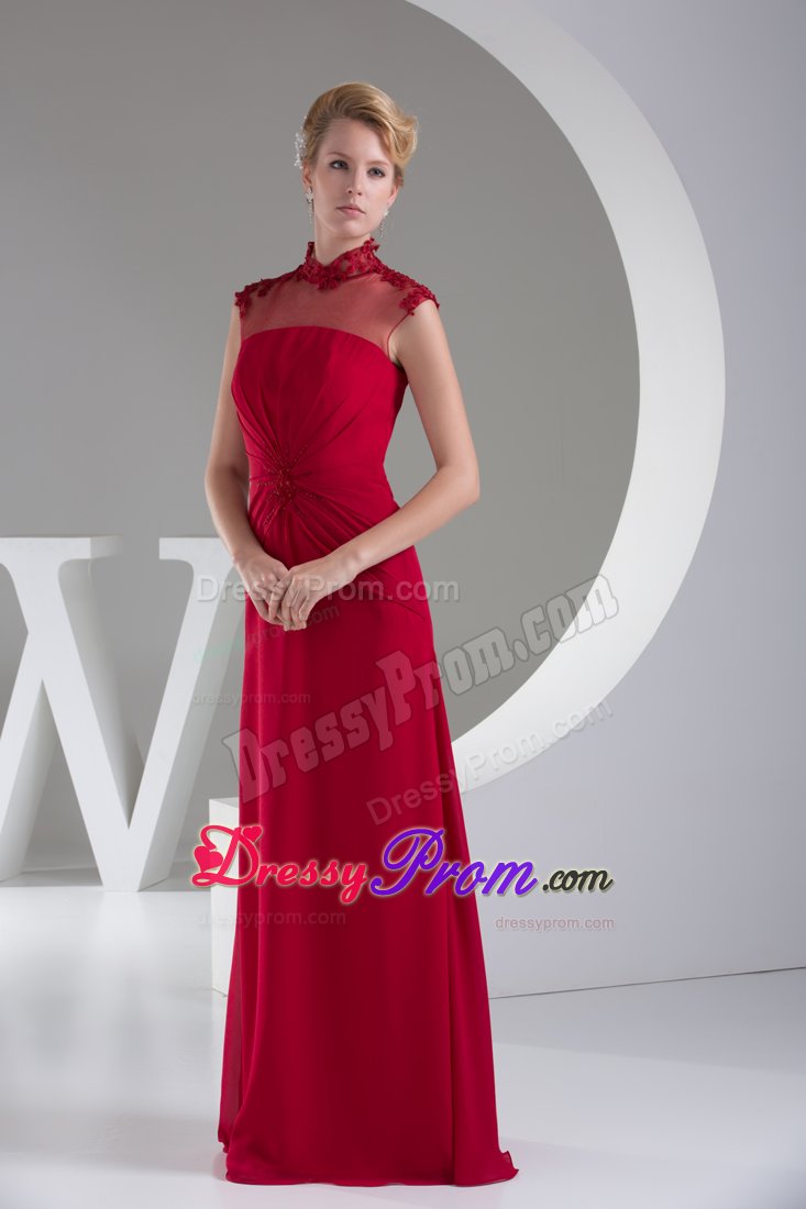 High Neck Wine Red Appliques Chiffon Prom Mother Of Bride Dress
