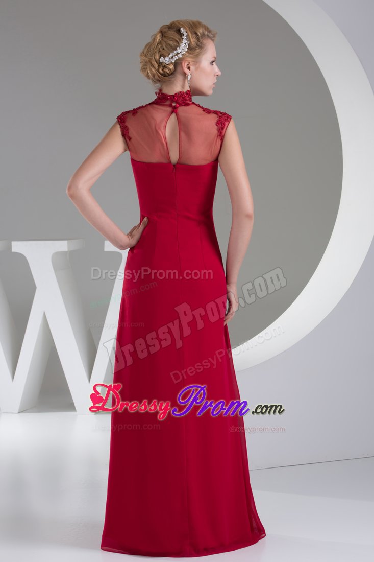 High Neck Wine Red Appliques Chiffon Prom Mother Of Bride Dress