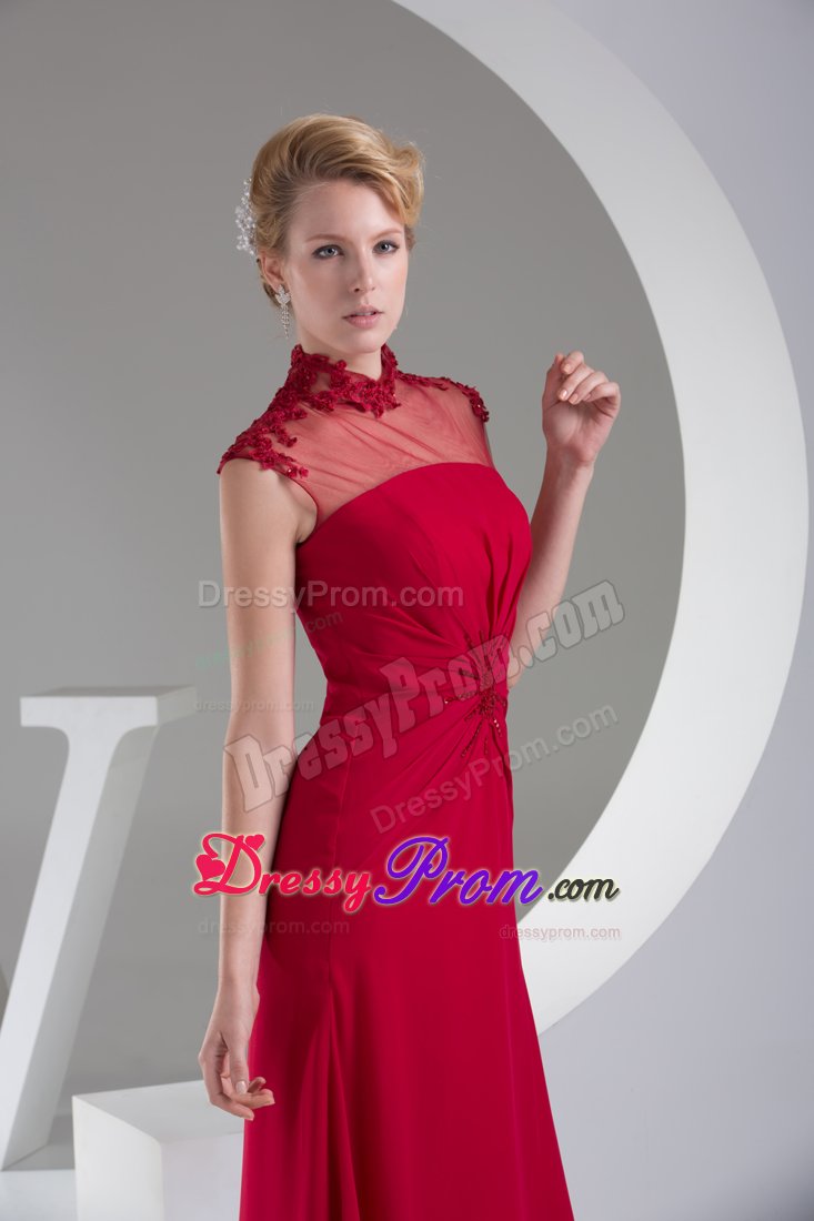 High Neck Wine Red Appliques Chiffon Prom Mother Of Bride Dress