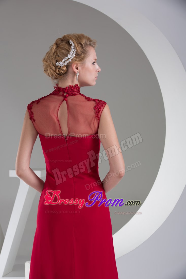 High Neck Wine Red Appliques Chiffon Prom Mother Of Bride Dress