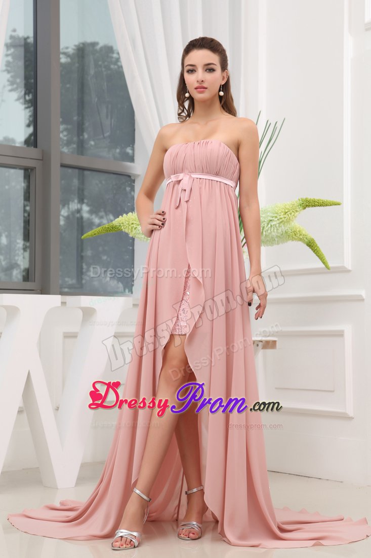 Simple High-low Ruching Brush Train Prom Gowns Dresses with Sash