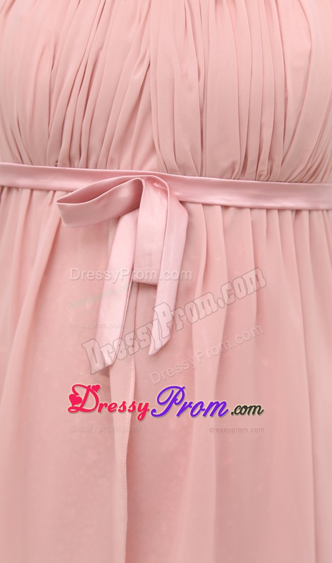 Simple High-low Ruching Brush Train Prom Gowns Dresses with Sash