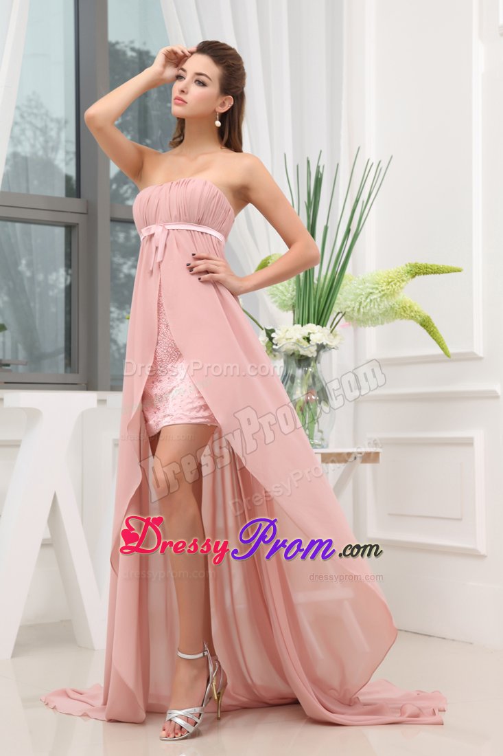 Simple High-low Ruching Brush Train Prom Gowns Dresses with Sash