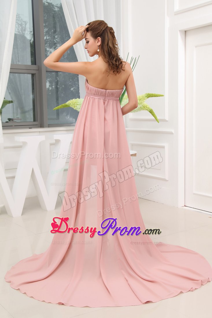 Simple High-low Ruching Brush Train Prom Gowns Dresses with Sash