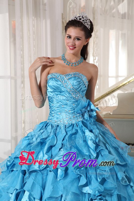 Ruffled Sweetheart Beading Teal Ruched Organza Dresses For Quinceanera