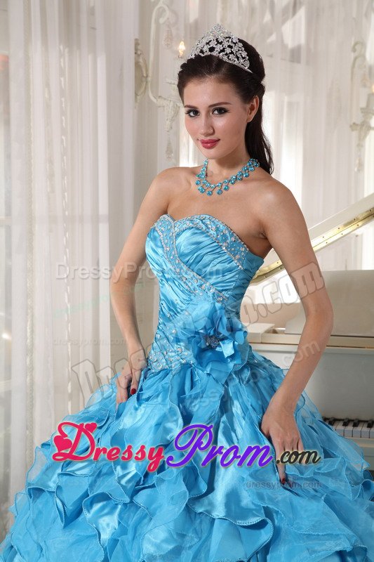 Ruffled Sweetheart Beading Teal Ruched Organza Dresses For Quinceanera