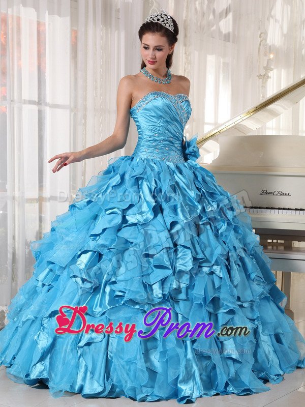 Ruffled Sweetheart Beading Teal Ruched Organza Dresses For Quinceanera