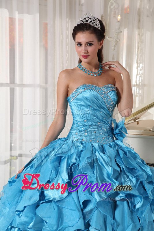 Ruffled Sweetheart Beading Teal Ruched Organza Dresses For Quinceanera