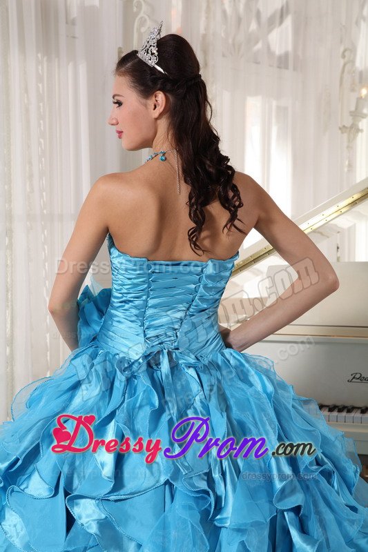 Ruffled Sweetheart Beading Teal Ruched Organza Dresses For Quinceanera