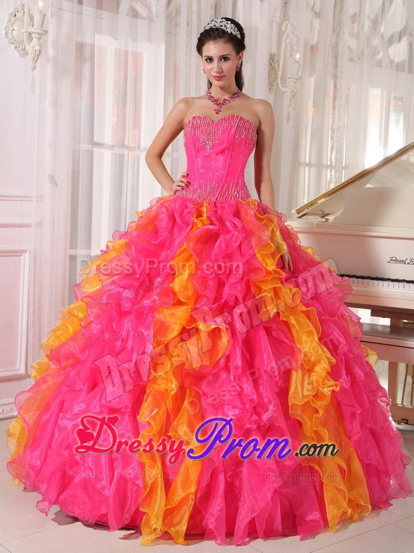 Colorful Sequins Sweetheart Ruffled Floor-length Organza Quinceanera Gown