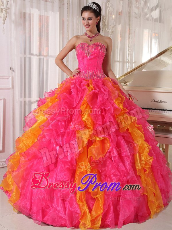 Colorful Sequins Sweetheart Ruffled Floor-length Organza Quinceanera Gown
