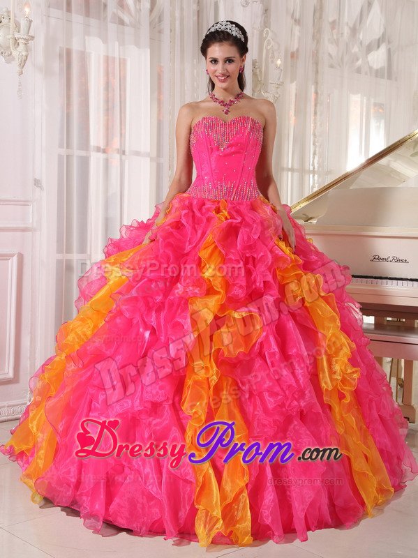 Colorful Sequins Sweetheart Ruffled Floor-length Organza Quinceanera Gown