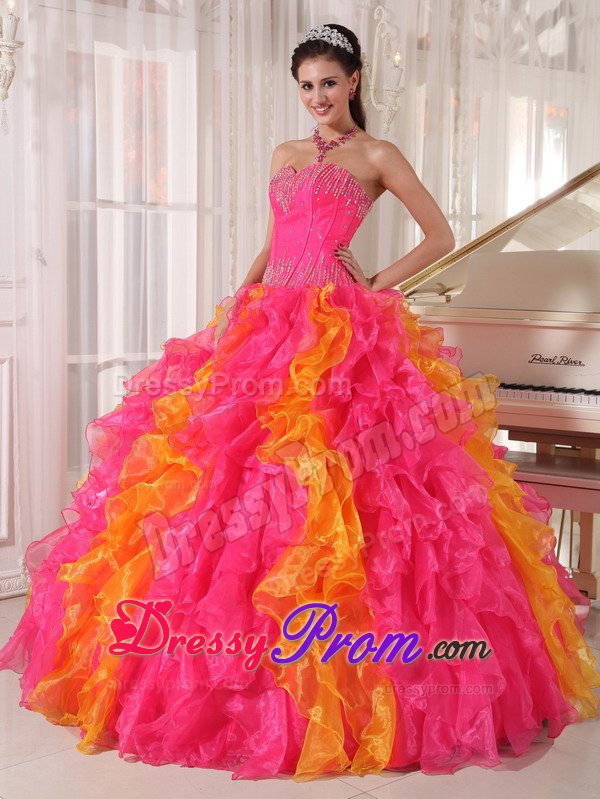 Colorful Sequins Sweetheart Ruffled Floor-length Organza Quinceanera Gown