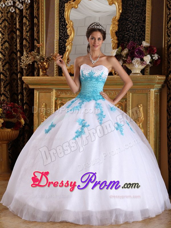 Organza Sweetheart Appliques White and Blue Lace Up Back Dresses 15