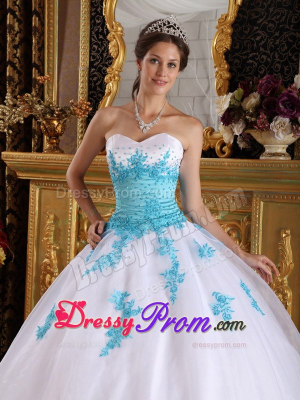 Organza Sweetheart Appliques White and Blue Lace Up Back Dresses 15