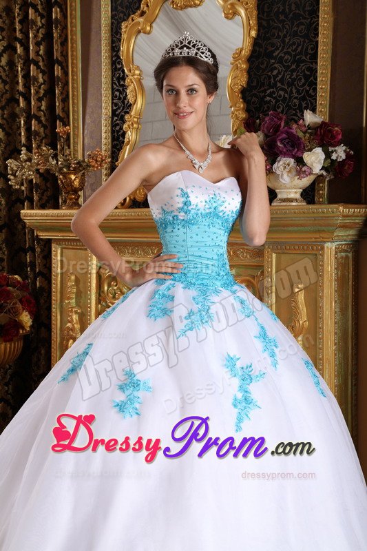 Organza Sweetheart Appliques White and Blue Lace Up Back Dresses 15