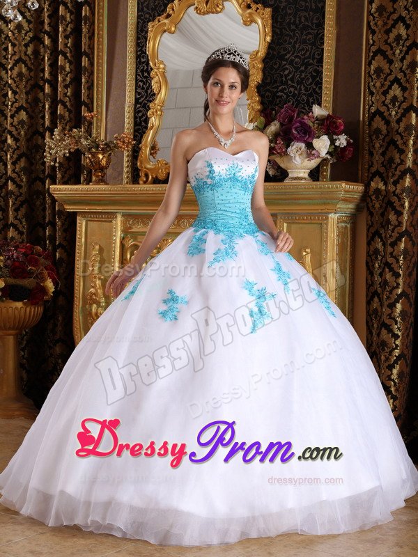 Organza Sweetheart Appliques White and Blue Lace Up Back Dresses 15