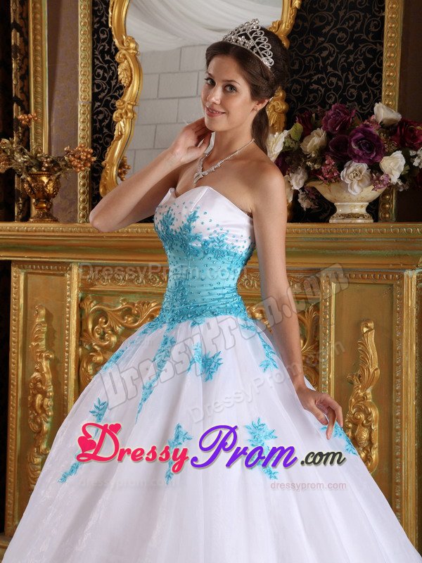Organza Sweetheart Appliques White and Blue Lace Up Back Dresses 15