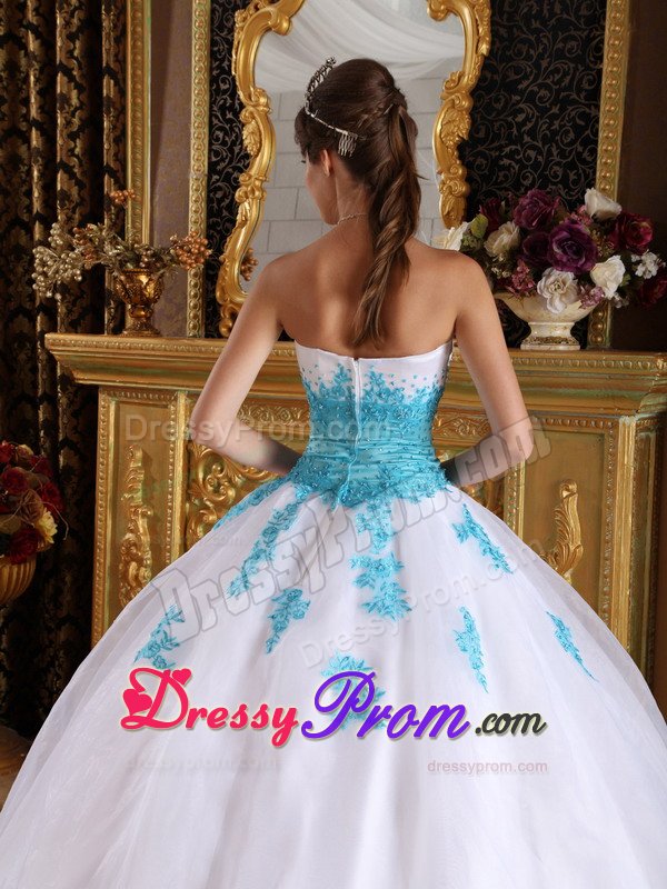 Organza Sweetheart Appliques White and Blue Lace Up Back Dresses 15