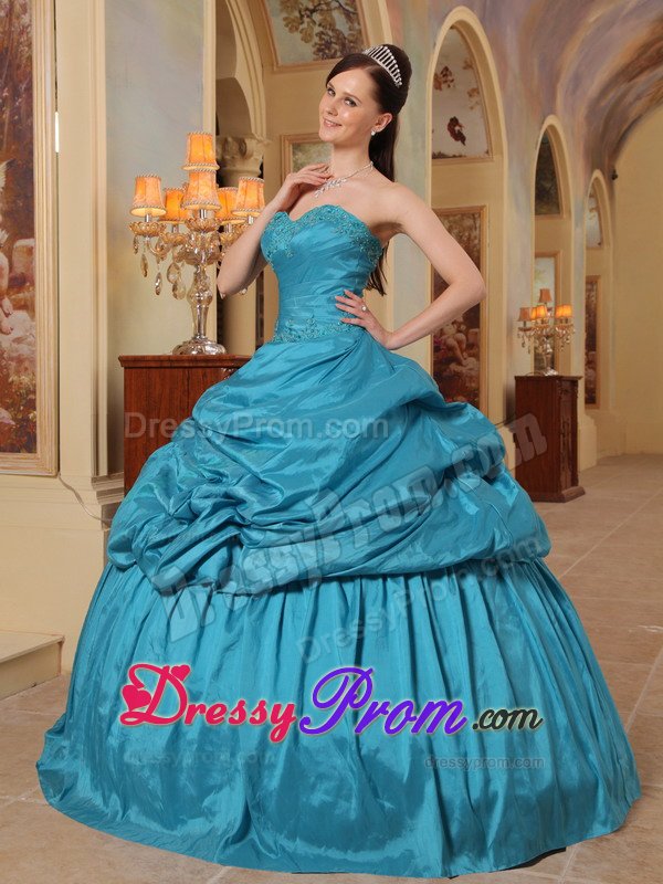 Teal Beading Pick-up Sweetheart Lace Up Back Taffeta Quinceanera Dress