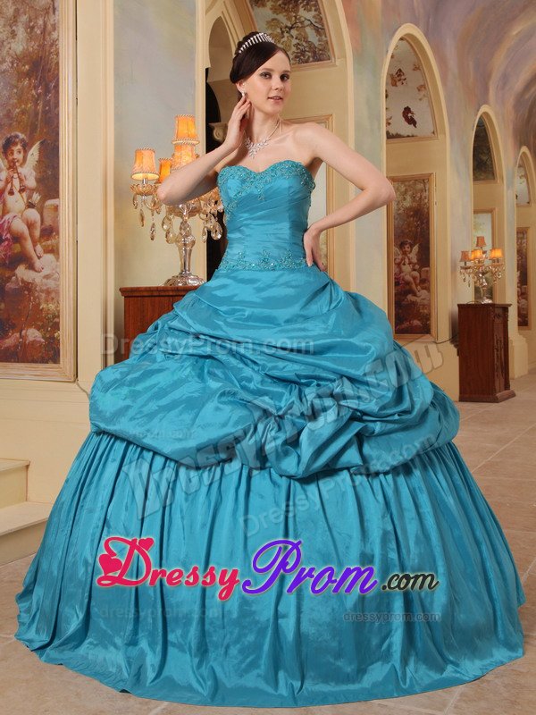 Teal Beading Pick-up Sweetheart Lace Up Back Taffeta Quinceanera Dress
